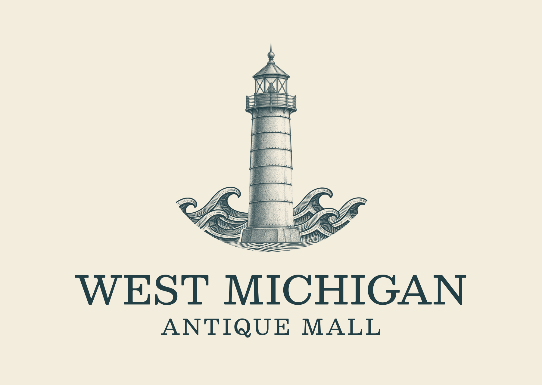 West Michigan Antique Mall primary logo with lighthouse and waves